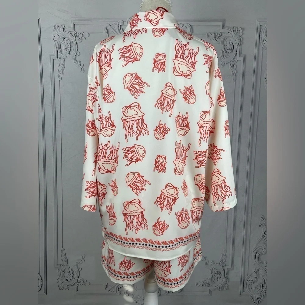 Casual Jellyfish blouse & Shorts Loose Fit Sea Life Print Beach Coverup - Picture 9 of 16